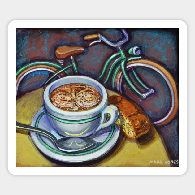 Green Schwinn bicycle with cappuccino and biscotti. Sticker by markhowardjones